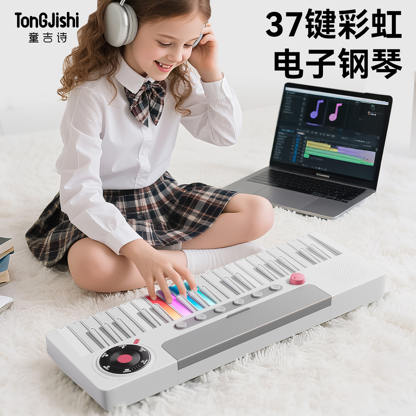 女孩电子琴玩具初学者乐器8儿童37键彩虹多功能钢琴灯光音乐3-6岁