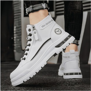 潮流休闲工装 冬季 男款 软底防滑运动小白皮面平板鞋 马丁靴 高帮男鞋