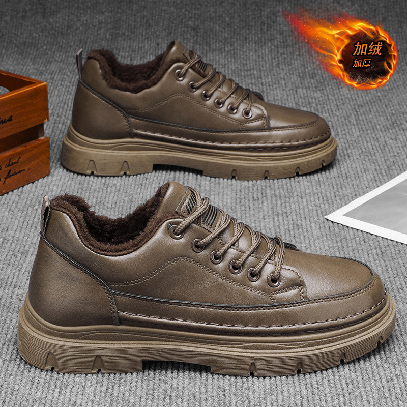 男鞋冬季新款百搭休闲皮面加绒保暖男士潮流英伦商务防滑工装鞋子