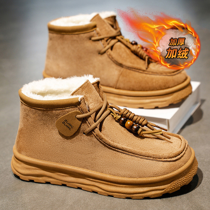2025冬季新款雪地靴男士厚底保暖反绒皮毛一体大头绑带棉靴男鞋