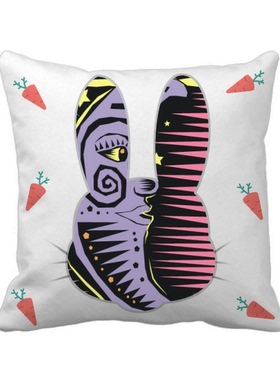 紫色月亮墨西哥元素版画兔子方形抱枕靠枕沙发靠垫双面含芯礼物定