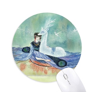 白鹿中国古风插画圆形游戏办公防滑橡胶鼠标垫礼物定制胶垫定做
