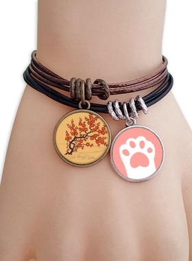 日本红色花朵猫咪原创设计风手链