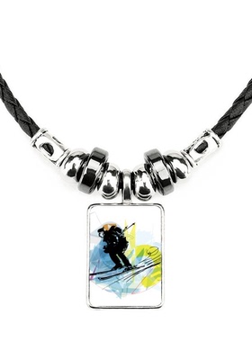 冬季水彩双板滑雪运动员手工蜡皮绳项链子吊坠饰品合金挂坠男女定