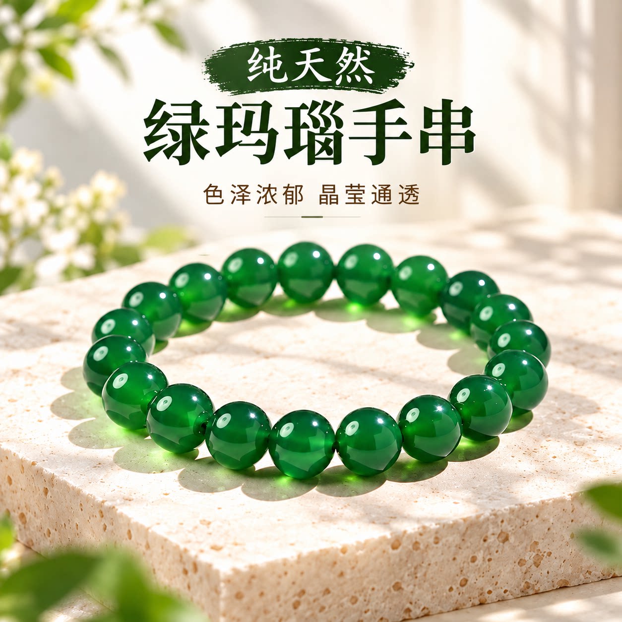10A级纯天然绿玛瑙手链男女款玉髓翡翠色满绿手串招财转运饰品