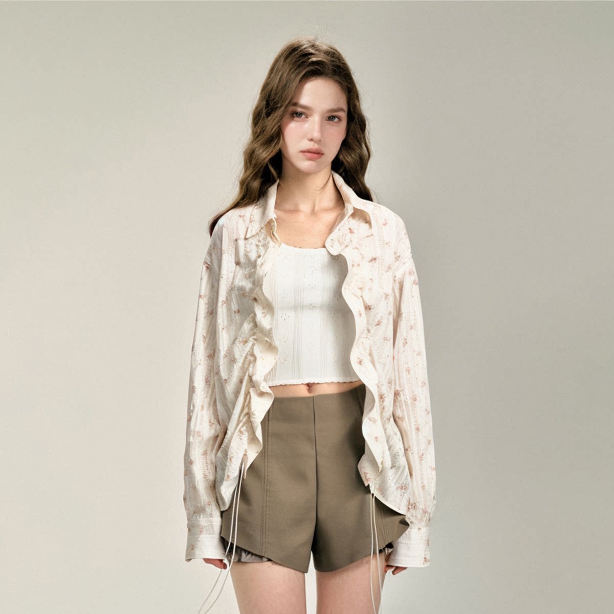 花色polo领泡芙抽皱长袖衬衫女装2025年夏季新款宽松外穿防晒上衣