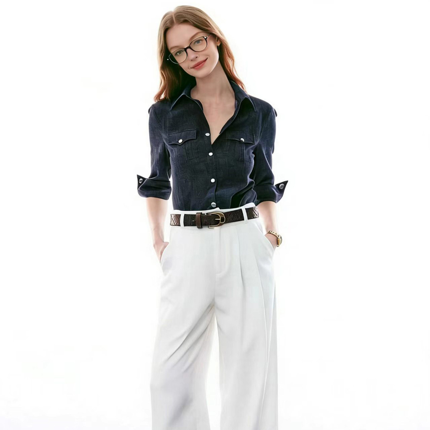 HUAAPPUW复古工装口袋系扣五分袖衬衫2026春夏新款正肩通勤上衣女