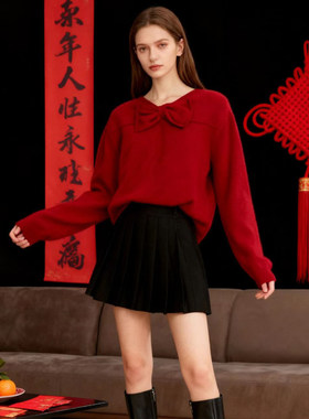 HUAAPPUW圣诞风红色蝴蝶结毛衣女