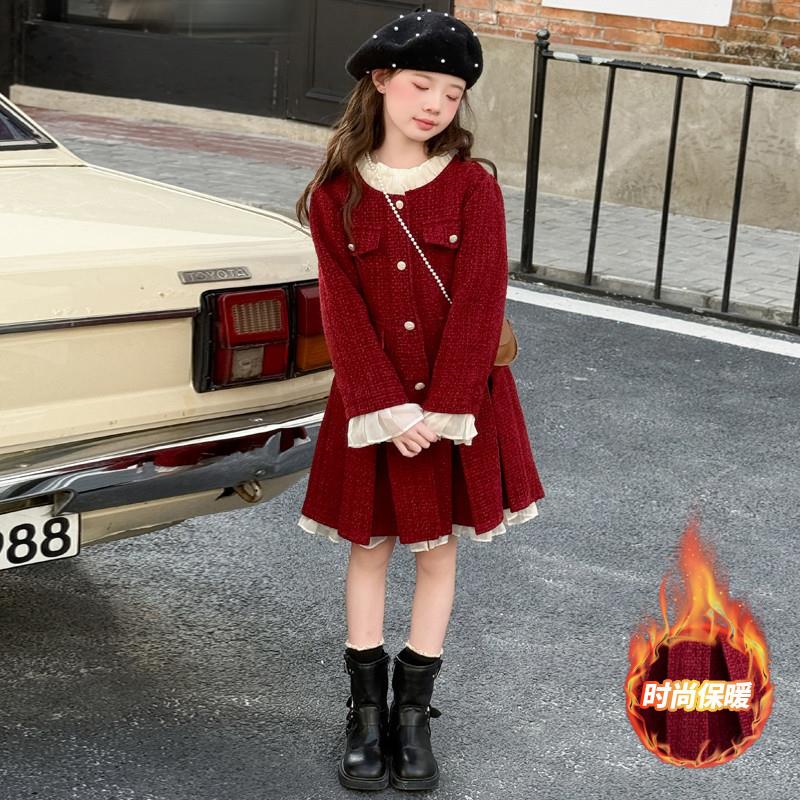 女童裙子2025新款洋气儿童冬裙小香风秋冬款中大童冬季红色连衣裙