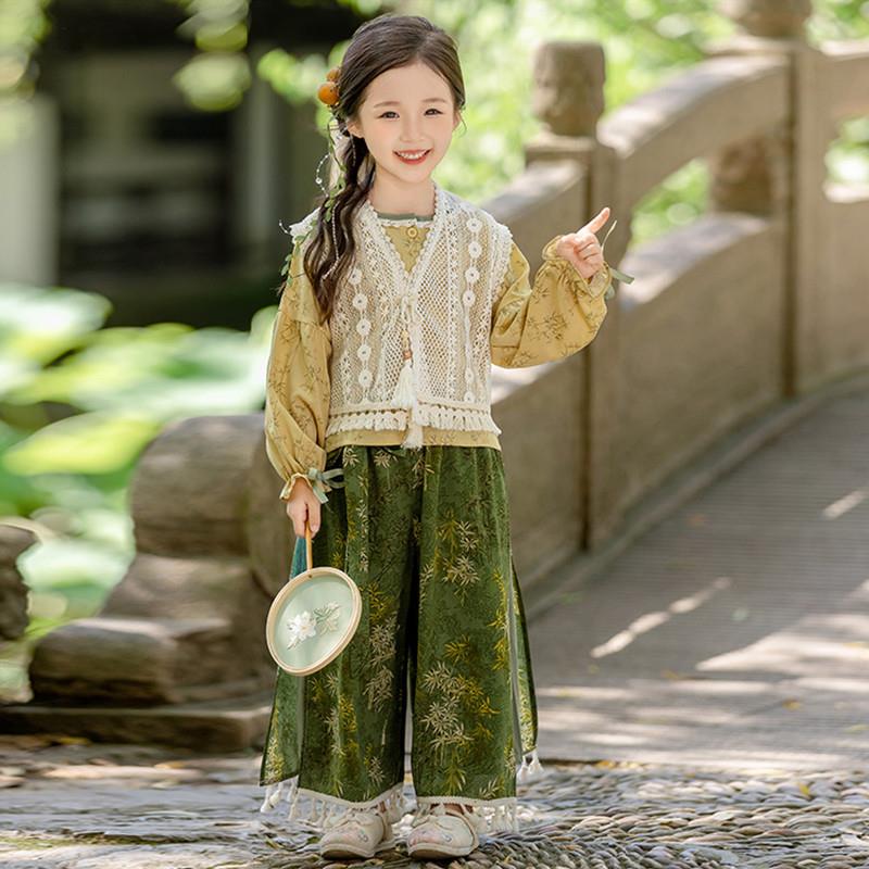 女童春装国风套装2026新款儿童网红阔腿裤洋气三件套宝宝休闲汉服