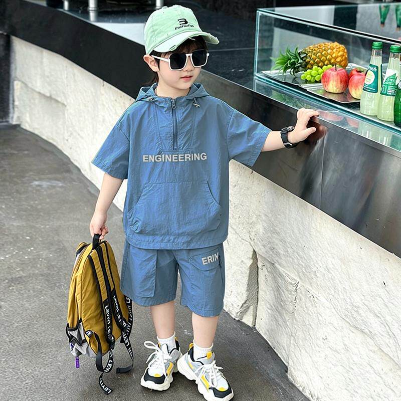 男童连帽短袖套装夏季速干2026新款儿童帅气时髦潮中小儿童短裤夏