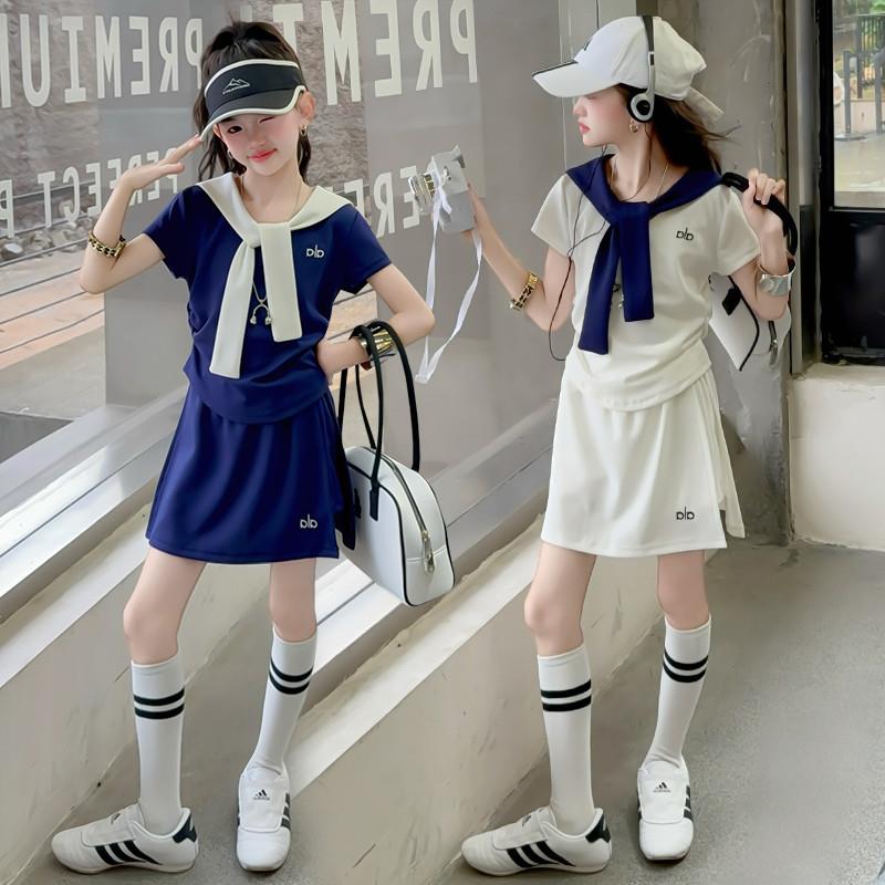 女童披肩短袖套装夏装2025新款时髦女大童运动儿童夏季薄款短裤裙