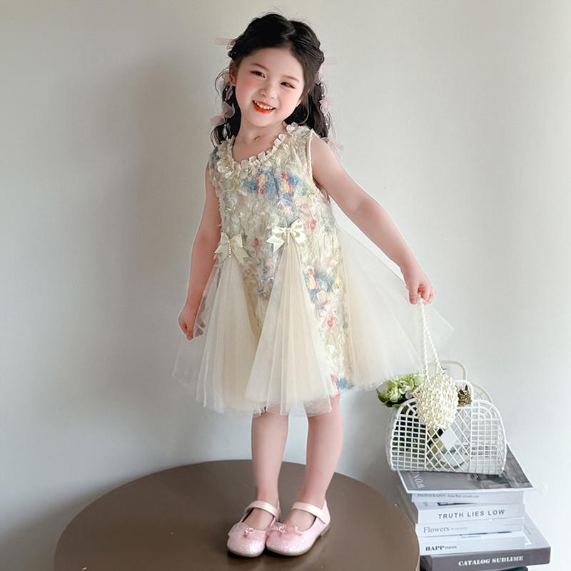 女童夏季洋装2025新款女宝宝甜美蝴蝶结网纱公主裙无袖礼服裙潮