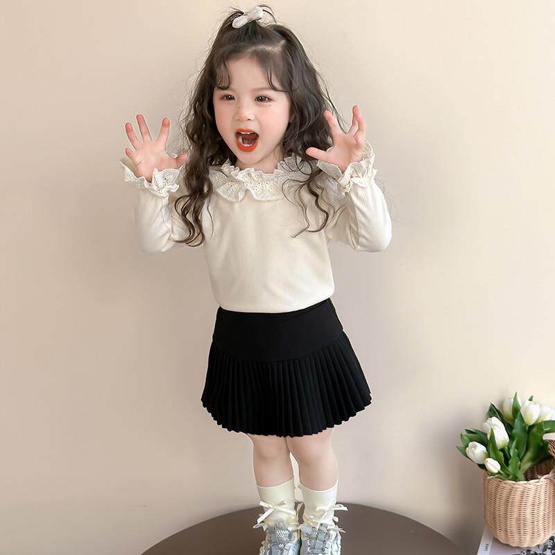 女童春装花边内搭打底衫女宝2026新款春季长袖T恤百褶裙洋派套装