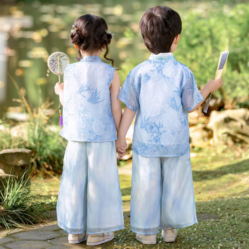 儿童汉服男童短袖套装女童中式短袖唐装礼服夏季宝宝六一表演衣服