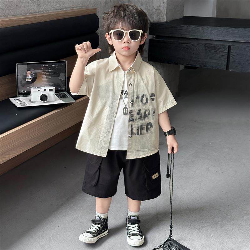 酷帅男童夏装套装儿童装2026新款韩版宝宝短袖衬衫T恤短裤三件套