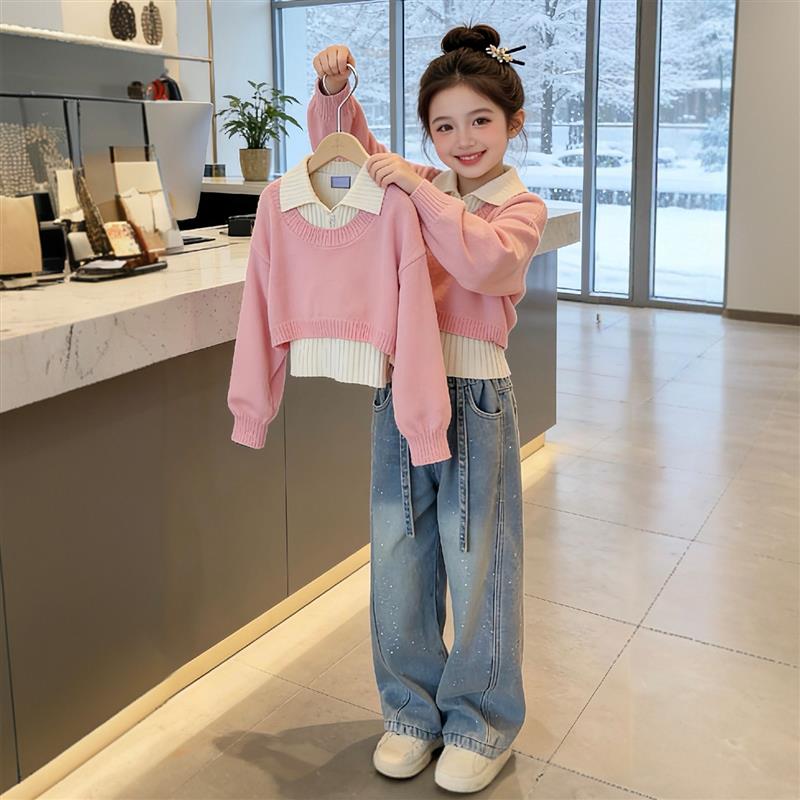 女童毛衣套装春秋季2026新款儿童洋派打底衫中大童时髦春装三件式