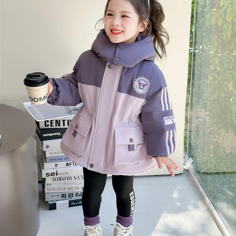 女童库洛米加绒加厚派克服冬装洋气连帽保暖棉衣棉服中长款风衣潮