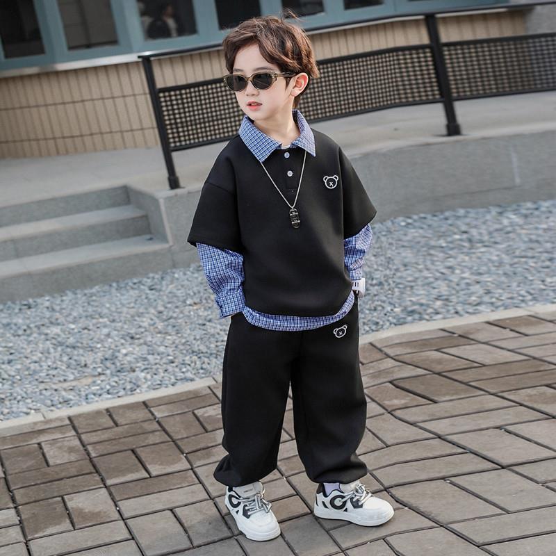 男童秋装2026新款儿童假两件潮酷套装春秋款小男孩宝宝卫衣衣服潮