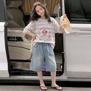 小女孩彩色条纹T恤2026新款女童夏天宽松版型卡通印花短袖上衣潮
