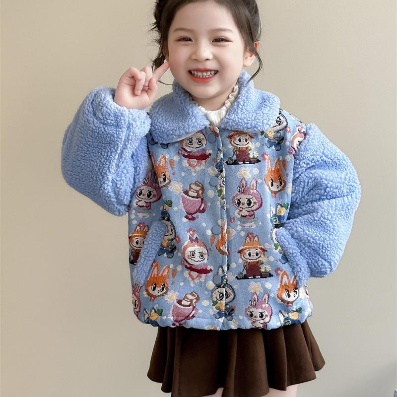 女童外套加厚拼接儿童摇粒绒棉服秋冬2025新款时髦小女孩毛毛上衣