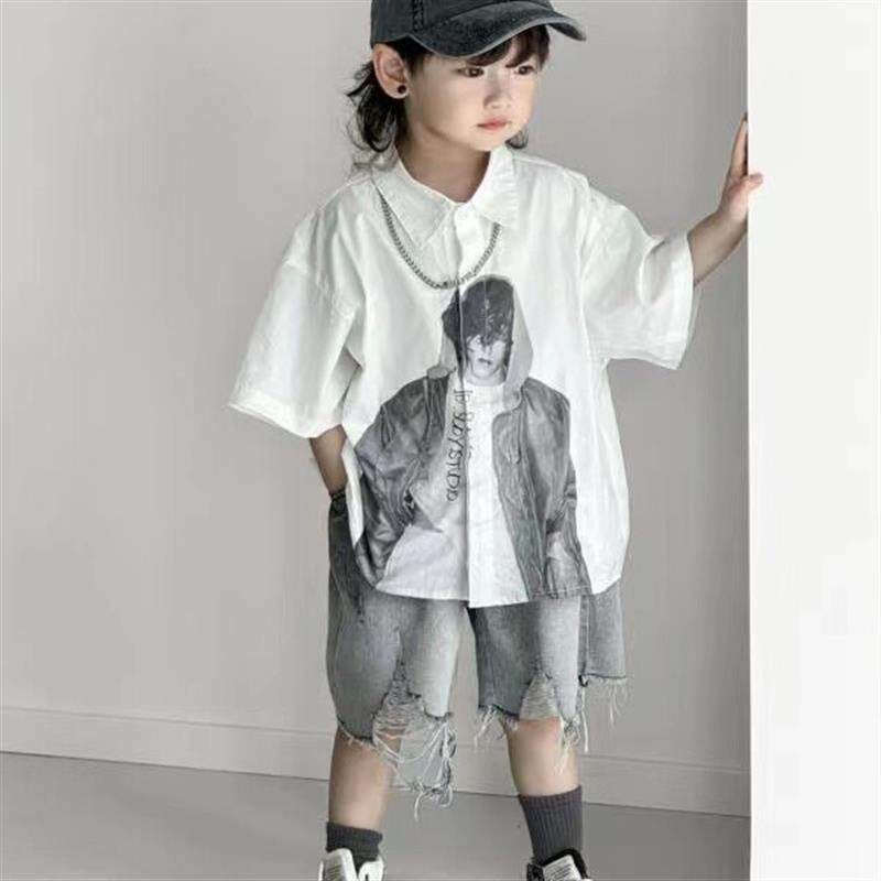 韩范小男童套装夏炸街时髦痞帅新款纯棉短袖衬衫破洞牛仔短裤韩系