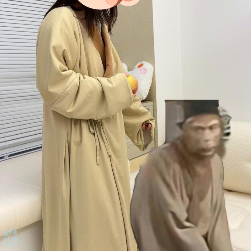 马喽孙悟空睡衣冬季加绒加厚睡袍长袍衫夹棉大码家居服可外穿冬天