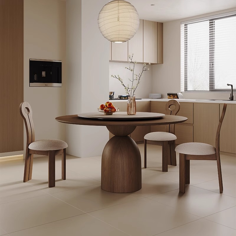 胡桃木复古风实木圆桌家用小户型设计师圆形饭桌法式圆餐桌椅组合
