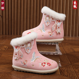 汉服鞋女童冬季2025新款蝴蝶中式雪地靴子手工宝宝棉鞋儿童绣花鞋