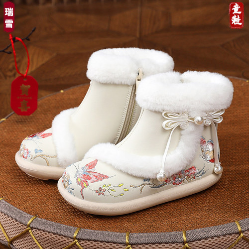 汉服鞋女童防水中式皮靴雪地靴冬