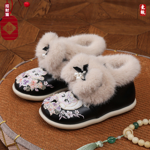 汉服鞋女童冬季皮面防水小皮鞋2025新款中国风雪地靴儿童绣花棉鞋
