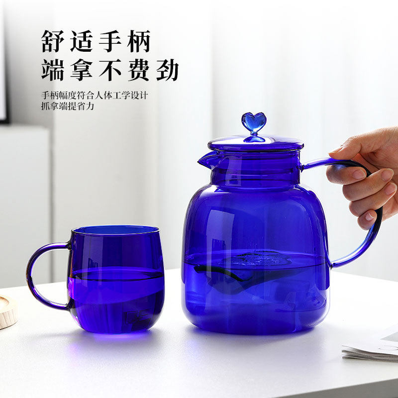 蓝色玻璃杯套装水壶耐高温大容量冷水壶家用高颜值凉水壶套装