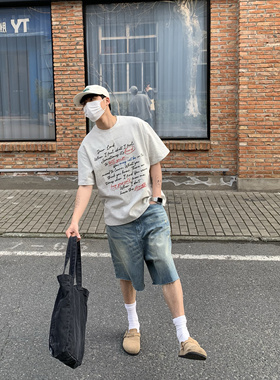 FIRST LINE2025夏新款圆领字母印花T恤短袖情侣男女潮花灰