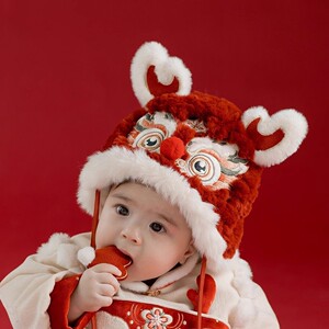 中国风新年虎头帽男女宝宝冬款加绒保暖红色醒狮儿童汉服拜年帽子