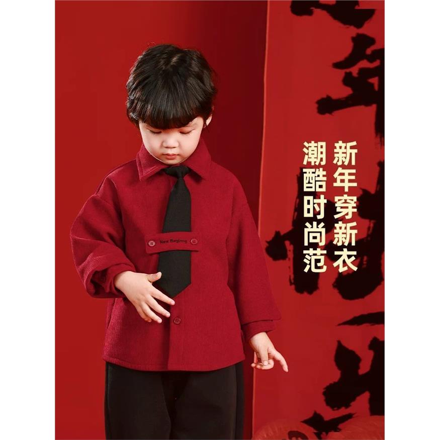 男童加绒衬衫儿童红色衬