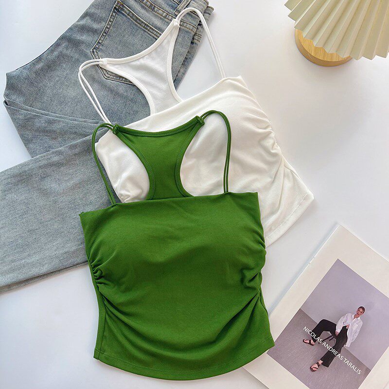 绿色抹胸挂脖露背吊带背心女外穿带胸垫美背文胸一体打底内搭上衣