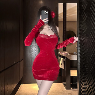 2026新款微胖红色重工抹胸连衣裙女甜辣收腰短裙生日年会礼服