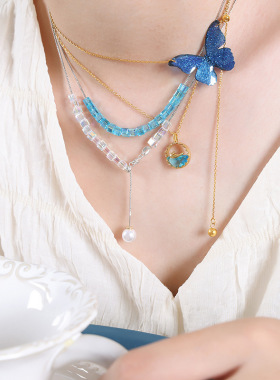 欧美跨境新中式珐琅蓝色蝴蝶项链耳环新品复古耳饰锁骨链钛钢百搭