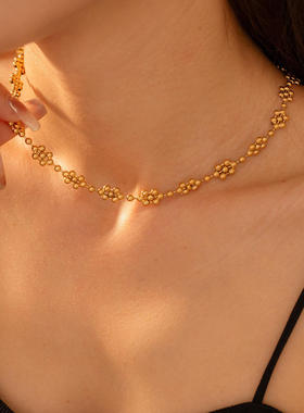 韩版小众多圆球拼接锁骨项链手链套装时尚简约设计铜材质镀18k金