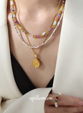 韩系清新淡雅时尚饰品多彩天然石方块手工串珠设计钛钢镀金项链