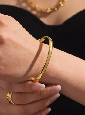 钛钢5mm宽球面高质量抛光手工镀18K金手镯跨境简约高端个性镯子女
