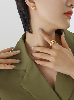 女式复古气质个性款 韩系小众设计压纹别致凹凸戒指耳环首饰套装
