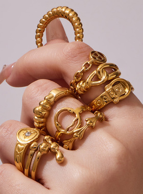 法式小巧镂空几何不锈钢开口戒指