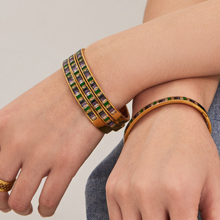 潮流复古彩色方块锆石手镯钛钢镀18K金卡扣手环欧美时尚饰品女