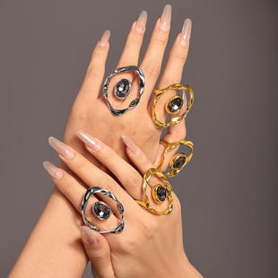 欧美风高端首饰时尚个性捷克大钻异型大圆夸张戒指铜镀金时髦潮流