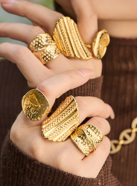 跨境热销几何形锤纹戒指不锈钢镀