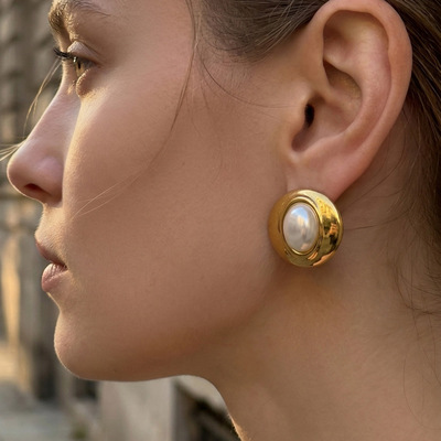 港风几何仿珍珠耳钉不锈钢金色耳