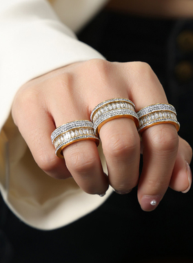 欧美风时尚个性简约百搭轻奢风饰品层次感镶钻锆石设计钛钢戒指