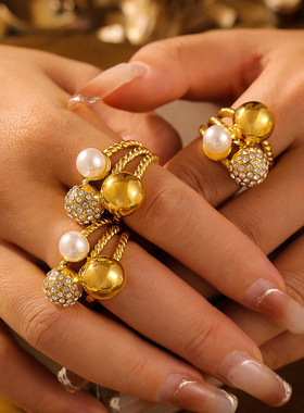 欧美圆球镶仿珍珠满钻戒指ins风