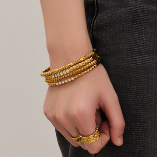 欧美高端时尚贝壳珠滴油镶锆石彩色小金珠手镯钛钢轻奢女手饰品女